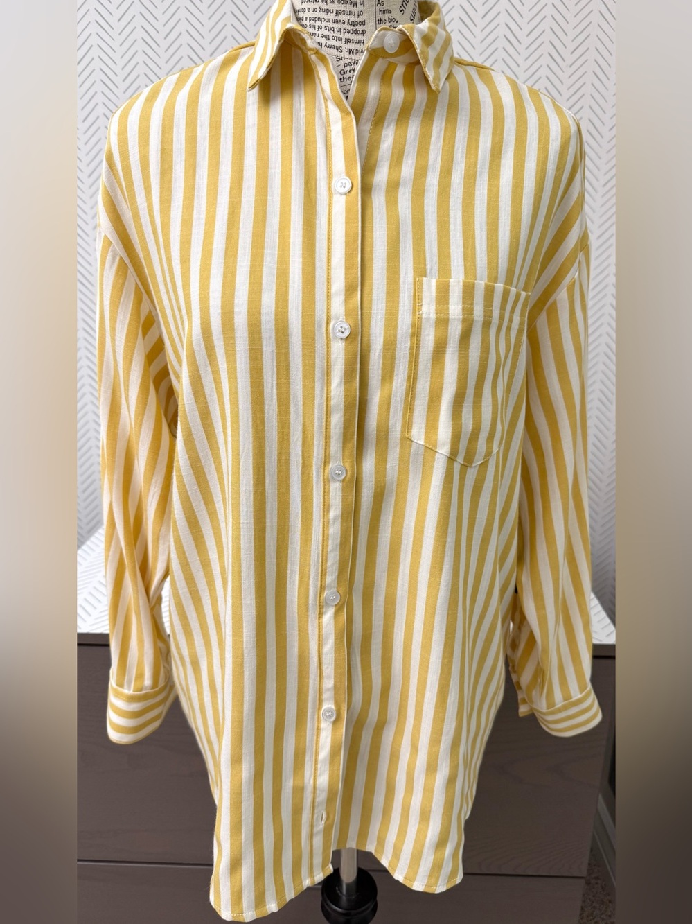 Women’s Blanque Yellow & White Striped Career Shirt Rayon Cotton Oversized XS